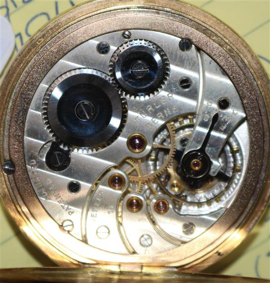 An 18ct gold Turler keyless lever pocket watch with Arabic dial and subsidiary seconds.